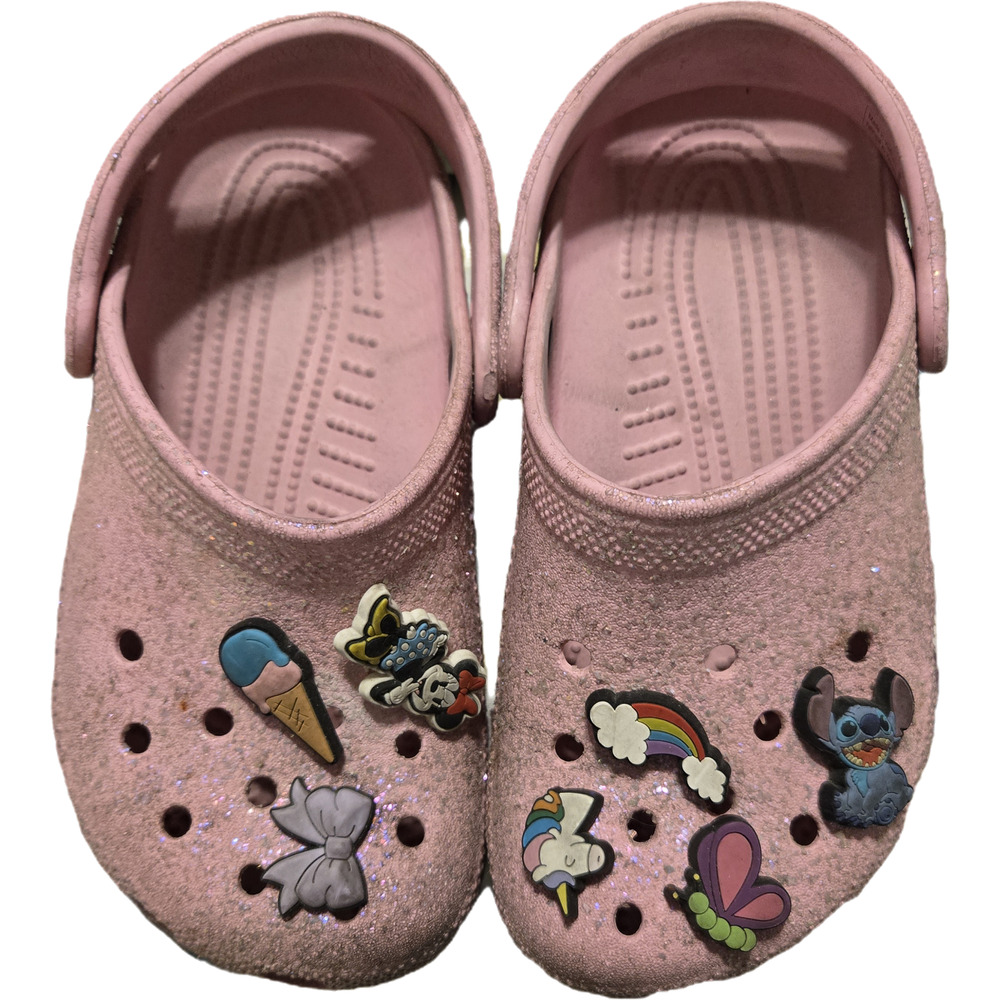 Crocs Girls' Classic Glitter Clog - Pink with Jibbitz 1 minnie mouse unicorn
